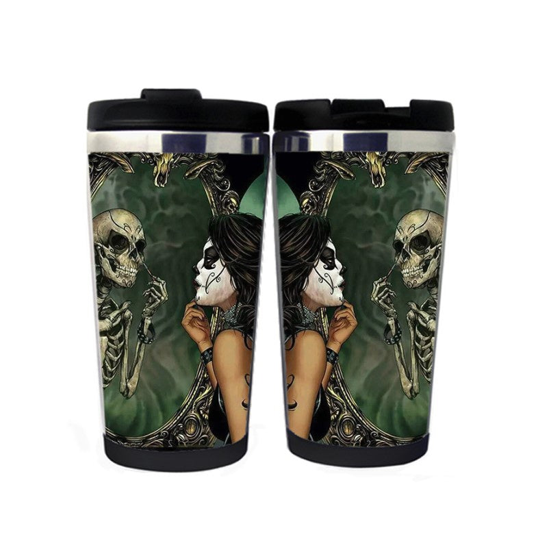 Elegant Lady with Skull Reflection In Mirror Funny Mug Coffee Mug Stainless Steel Insulated Tumbler Coffee Tea Water Cup Funny Gifts Christmas Gifts