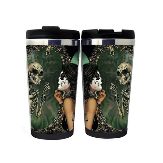 Elegantní dáma s odrazem lebky v zrcadle Vtipný hrnek Hrnek na kávu Nerezová izolovaná sklenice na kávu Čaj Šálek na vodu Vtipné dárky Vánoční dárky